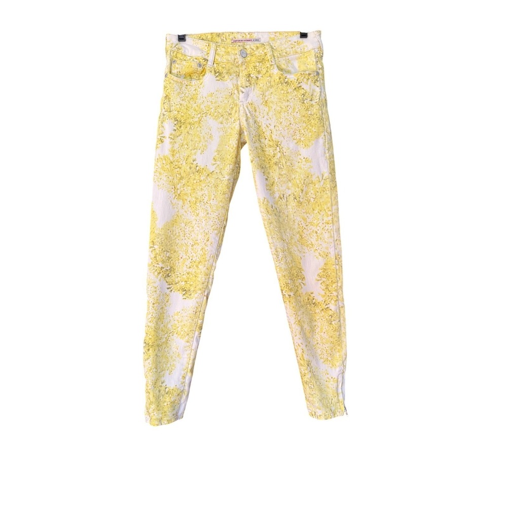 Comptoir des Cotonniers Yellow Floral Acid Wash Slim Ankle Zip Jeans Size 36 29W